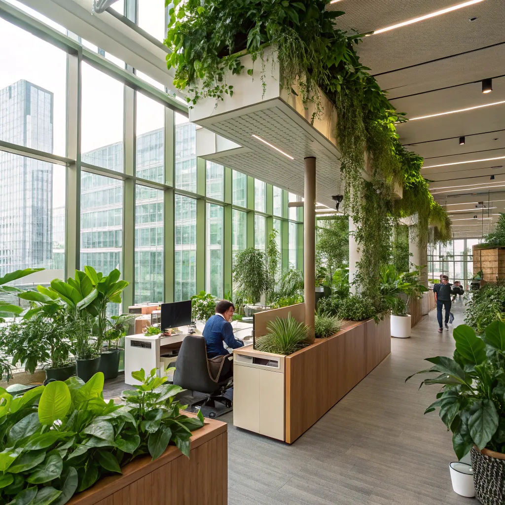 Modern office space with lush greenery
